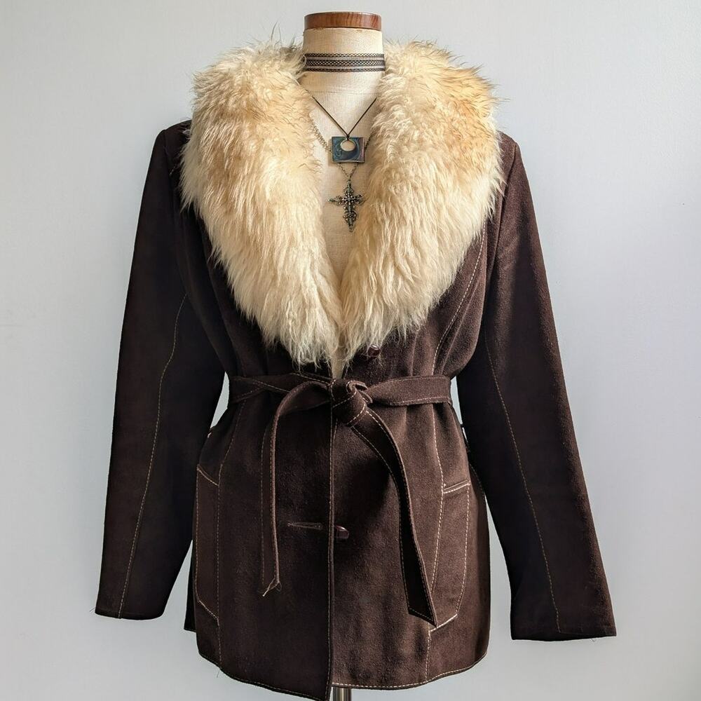 Vintage Brown Suede Penny Lane Jacket Belted Furry Leather Western Coat Medium - Picture 11 of 13